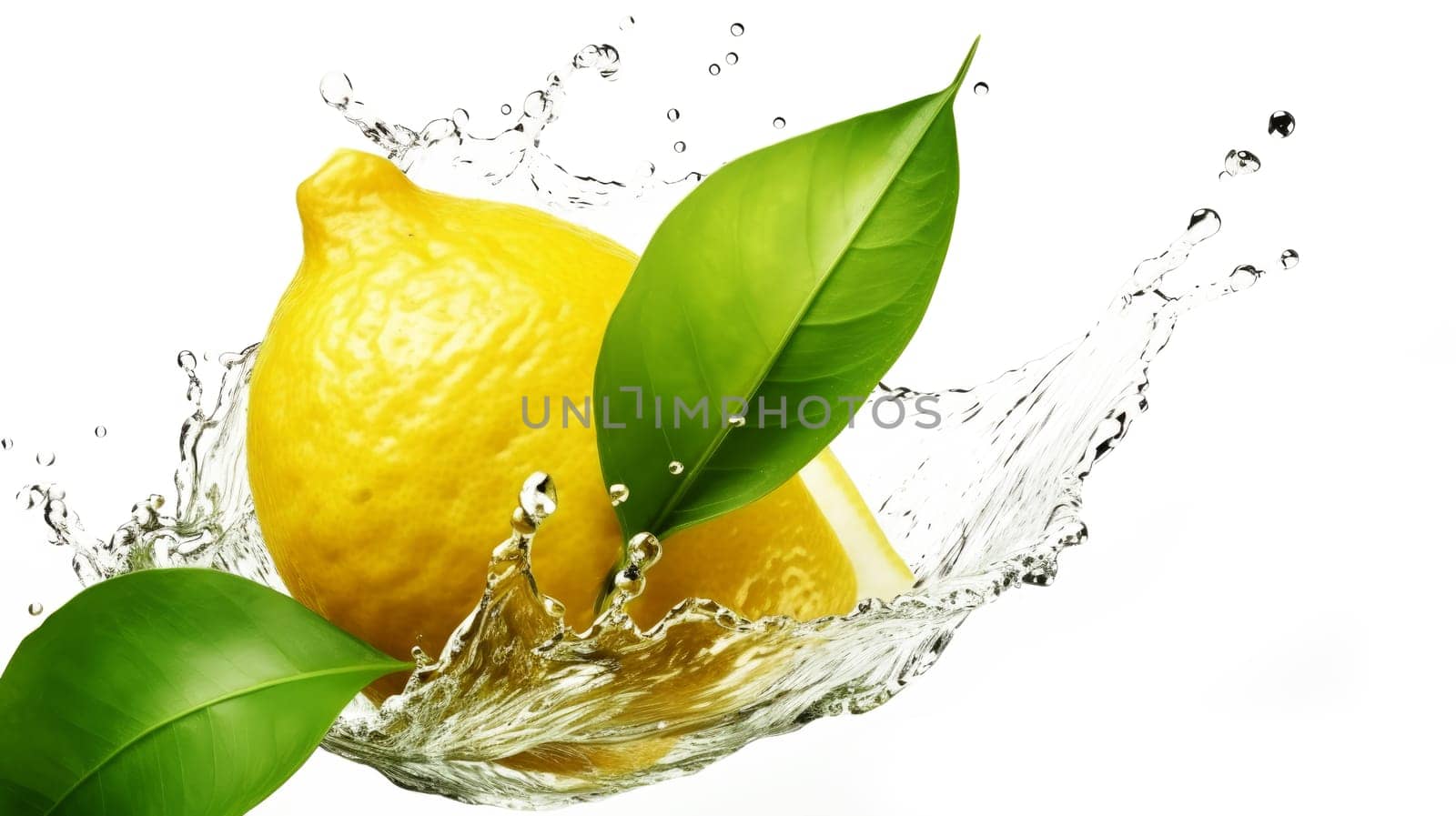 Fresh yellow lemon Fruit splash concept with water isolated on white background. artificial art