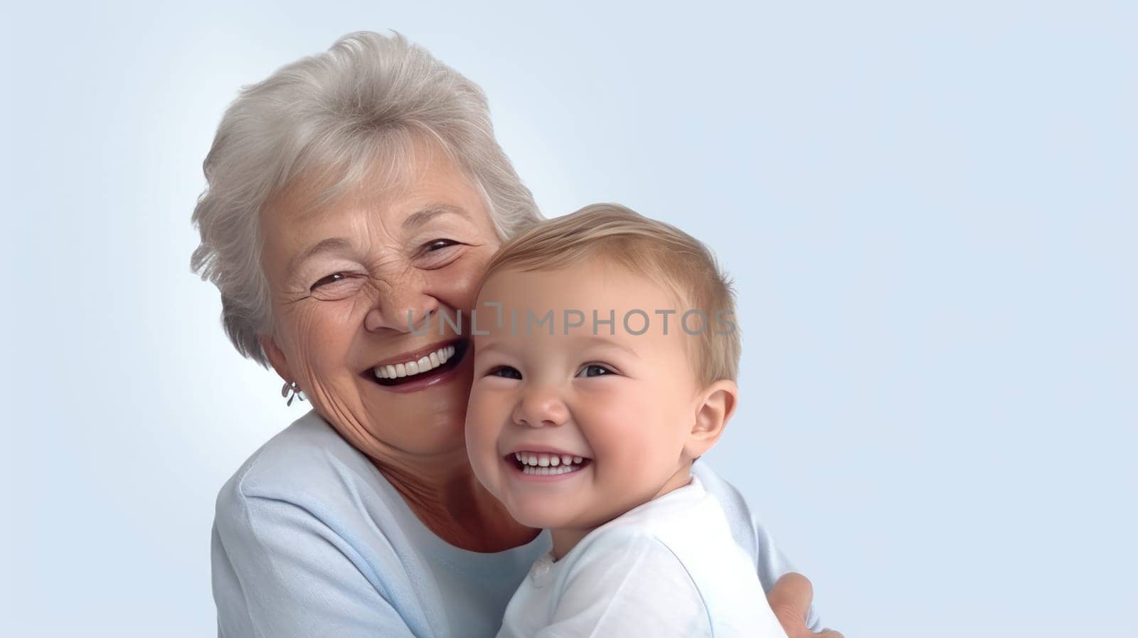 Portrait of a senior woman with her grandchild isolated on bright background. artificial art