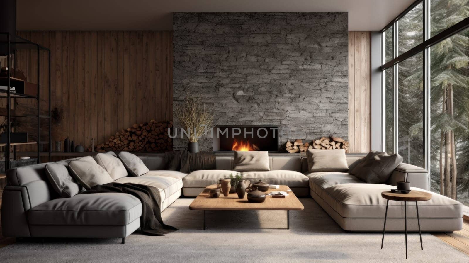 Modern living room with designer furniture. artificial art