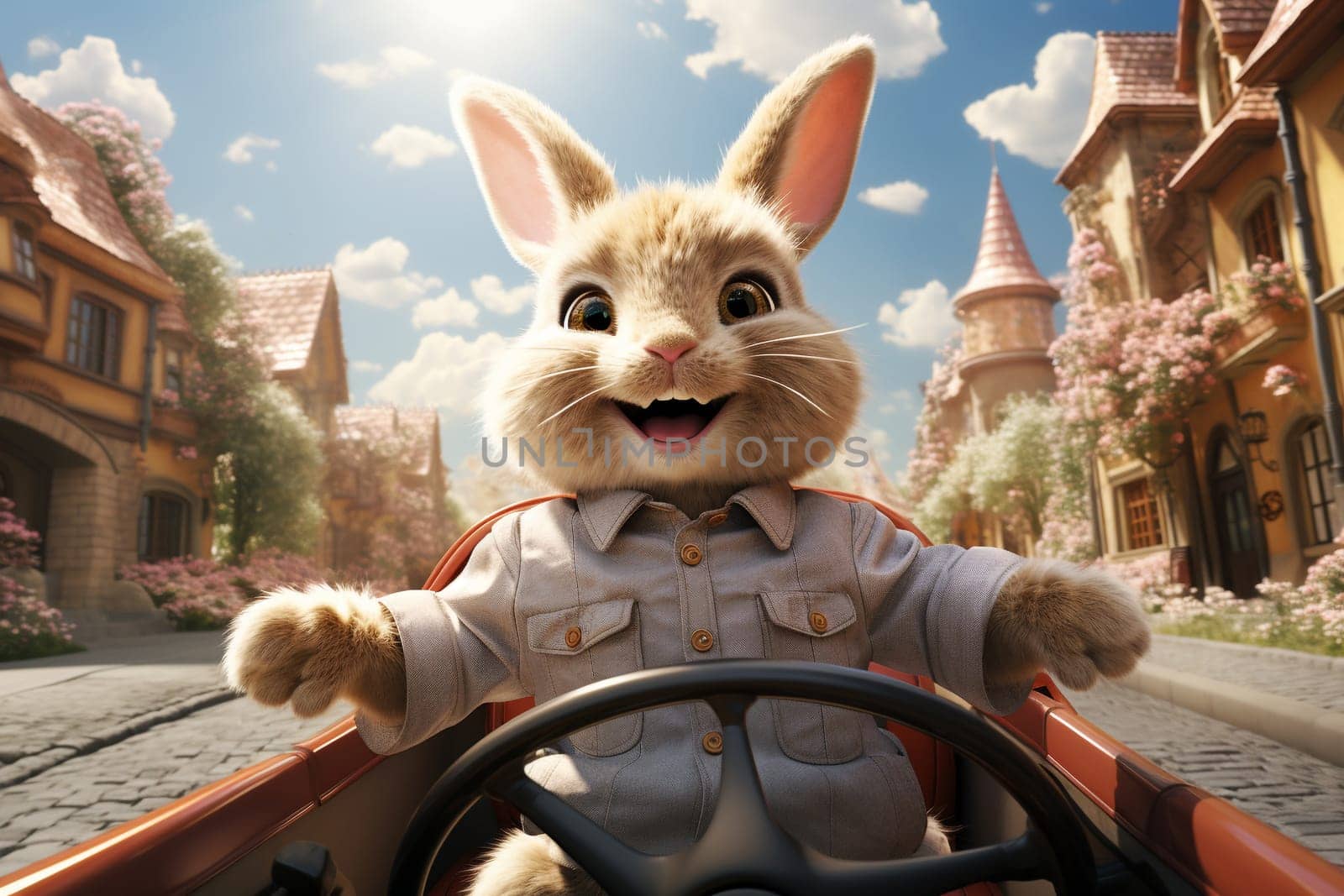 Easter bunny or rabbit with driving a car through town, holiday in spring
