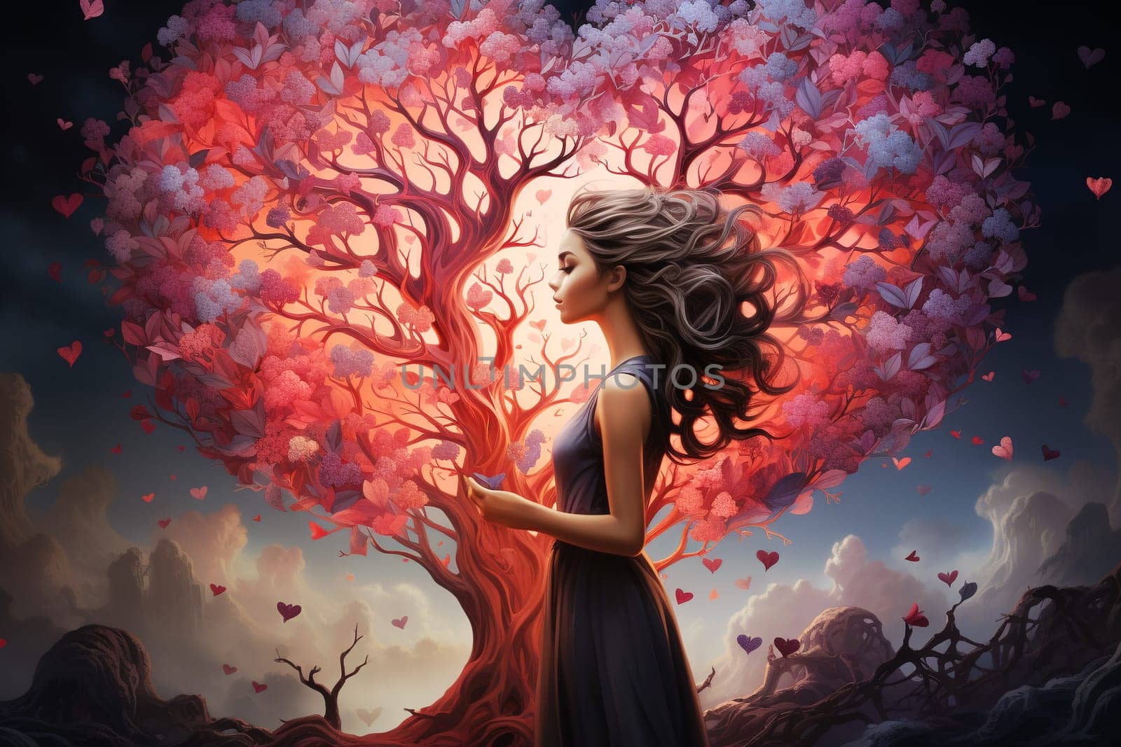 Woman stands under a tree with red hearts, love and emotion concept, valentine´s day, positive mind, good hearted person