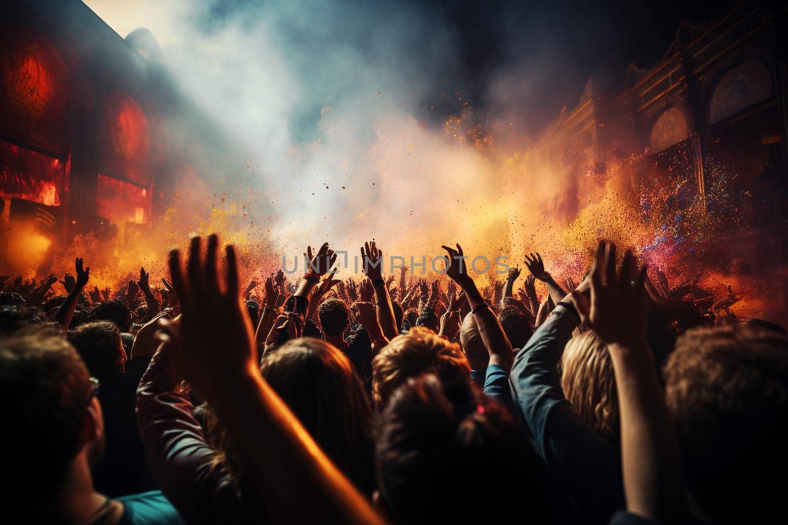 Crowd of people at a music concert or festival, colorful lights at the stage, audience cheering, live performance, rock show