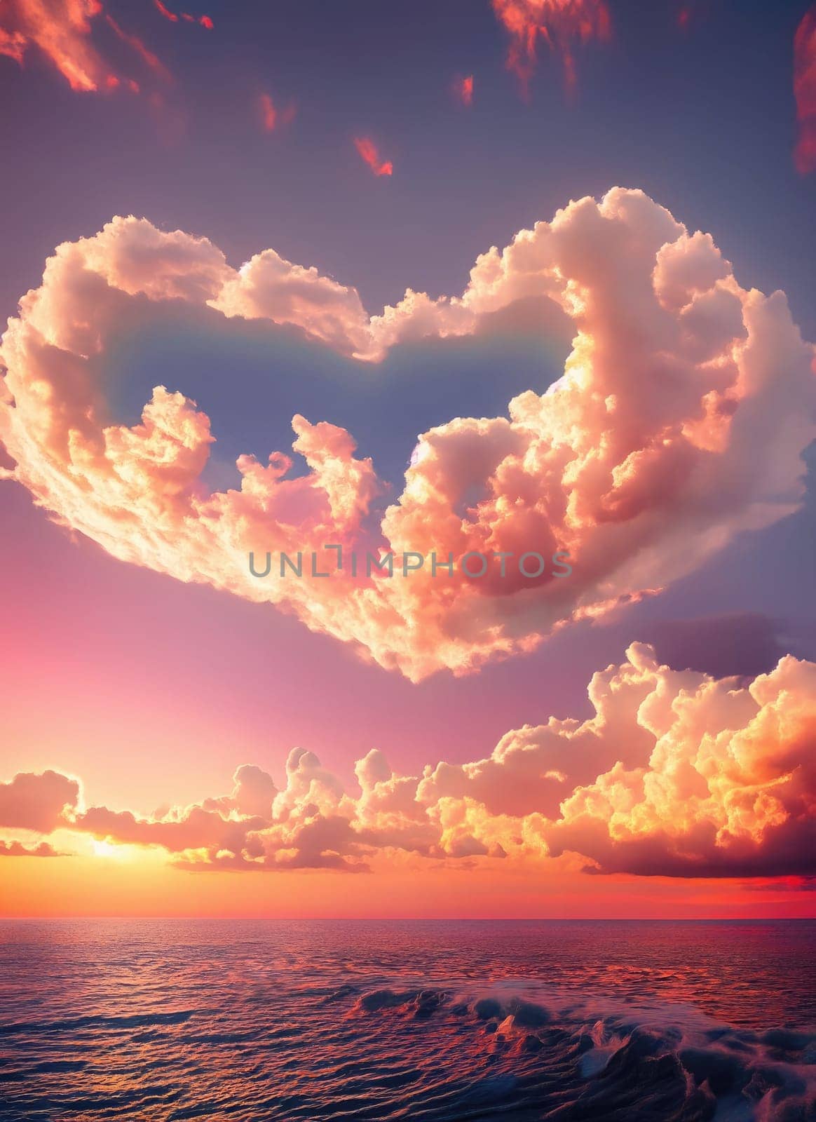 Heart shape cloud above the ocean in a pink sunrise light. Calm morning seaside. Magical scene, love and romance concept, peaceful view