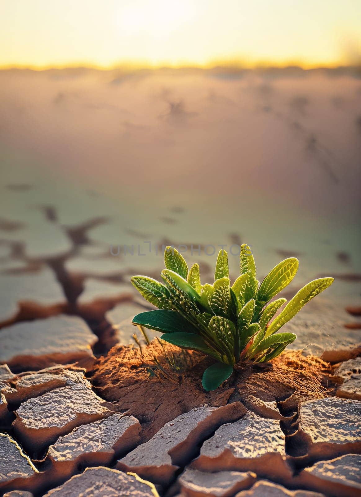 Small green plant growing out of a dry field in the middle of a desert in the sunrise light