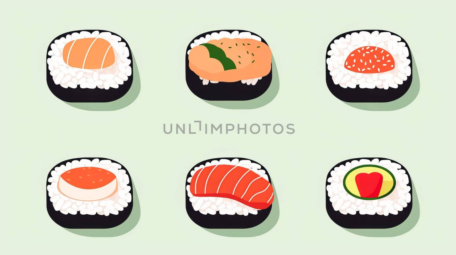 Japanese sushi set. Asian Japan food. Colorful set of sushi from different types maki, uramaki rolls, nigiri, temaki snacks. set japan asian food vector logo design pack isolated. Vector illustration