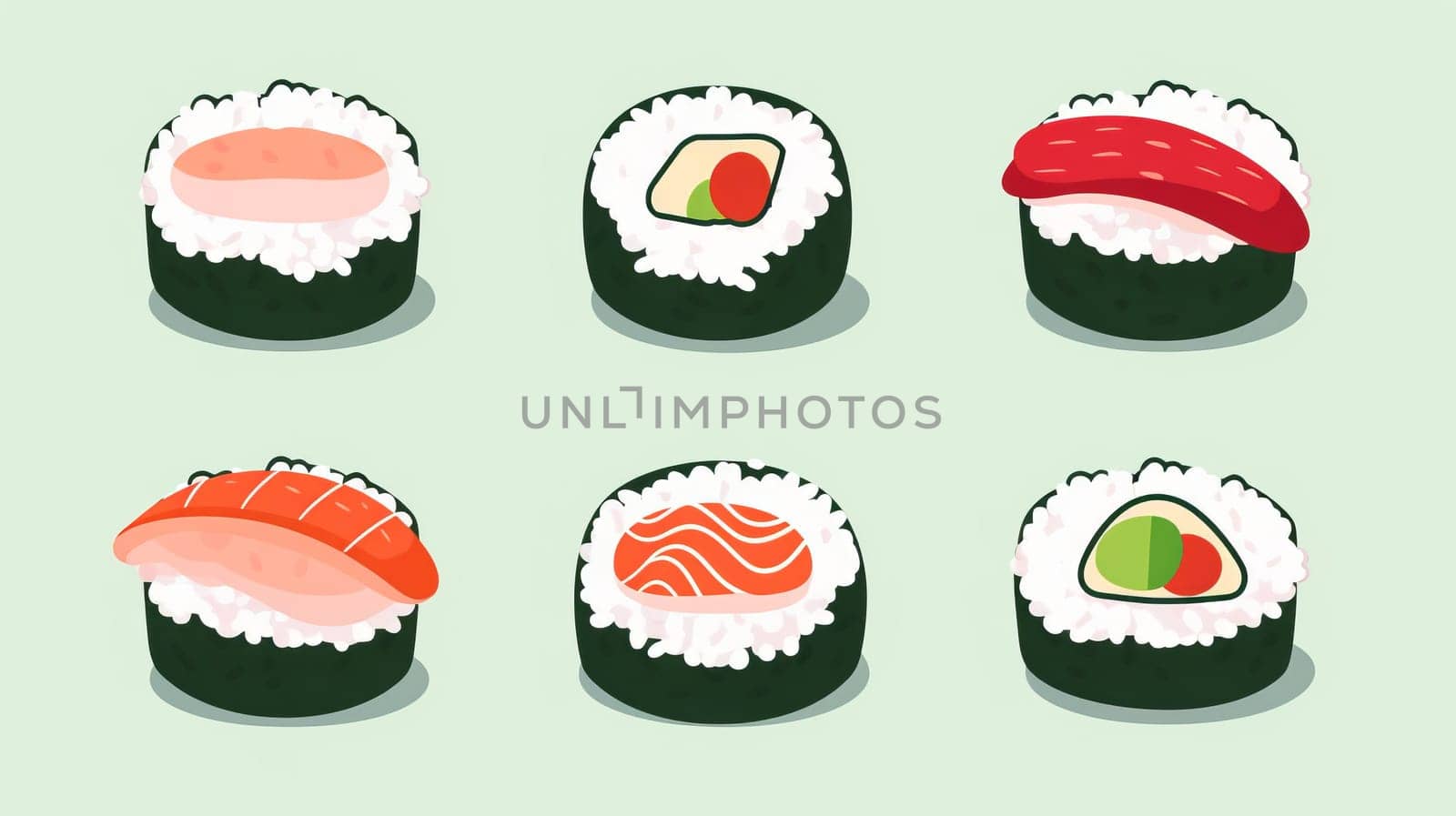 Japanese sushi set. Asian Japan food. Colorful set of sushi from different types maki, uramaki rolls, nigiri, temaki snacks. set japan asian food vector logo design pack isolated. Vector illustration