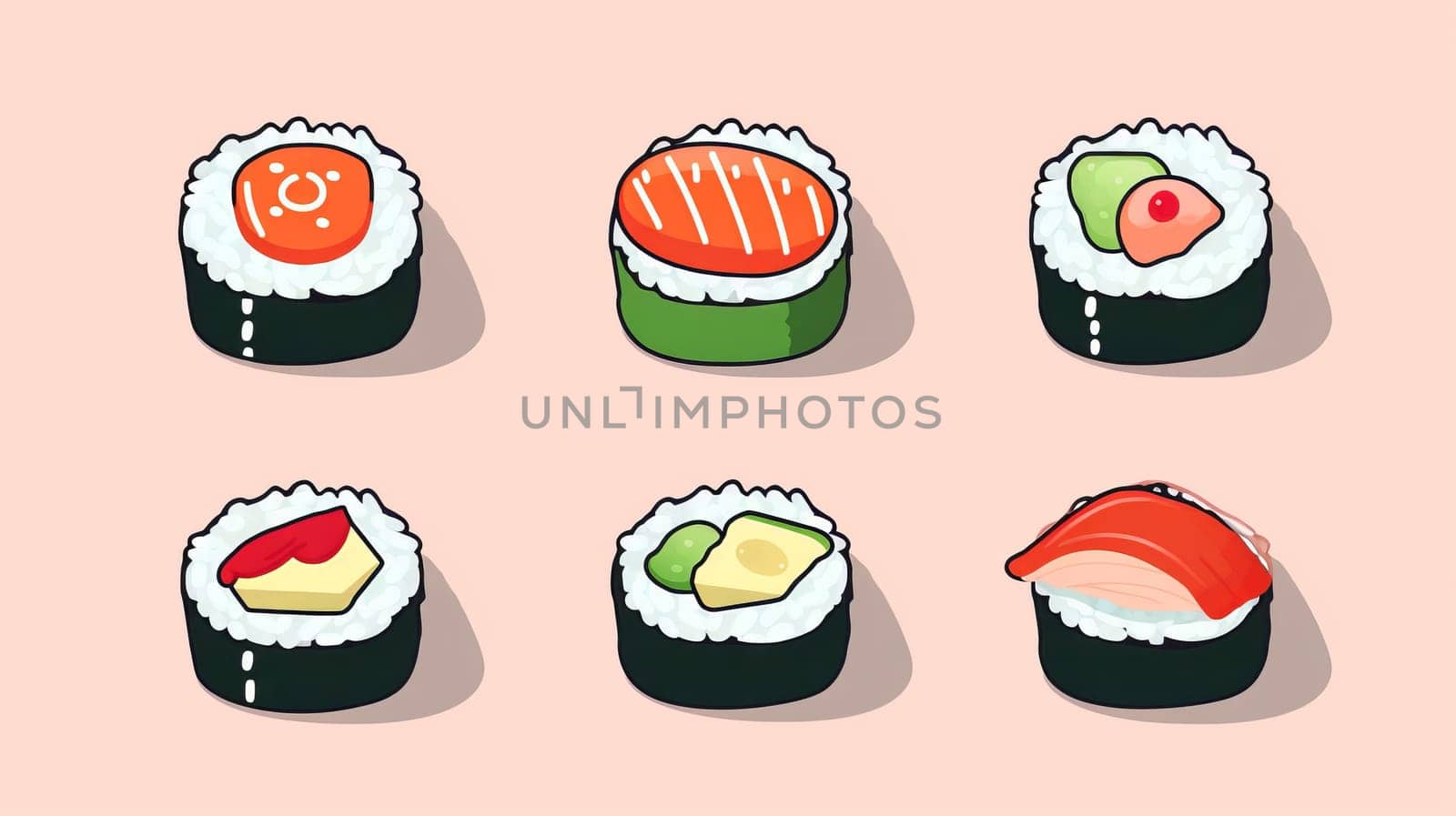 Japanese sushi set. Asian Japan food. Colorful set of sushi from different types maki, uramaki rolls, nigiri, temaki snacks. set japan asian food vector logo design pack isolated. Vector illustration
