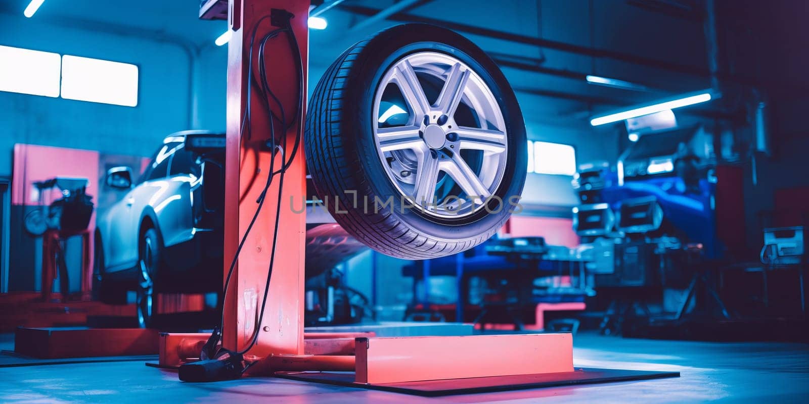 Tire workshop. A photograph in car workshop. NOT, winter or season wheel change. Puncture. Rims. Alignment.