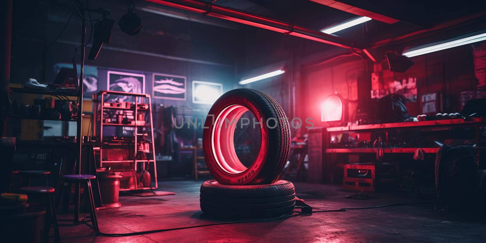 Tire workshop. A photograph in car workshop. NOT, winter or season wheel change. Puncture. Rims. Alignment.