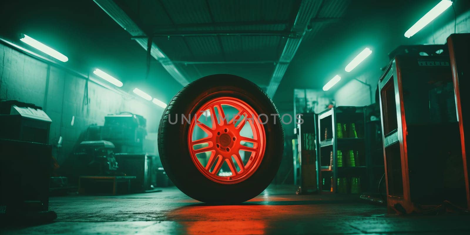 Tire workshop. A photograph in car workshop. NOT, winter or season wheel change. Puncture. Rims. Alignment. Green and red energetic color palette.