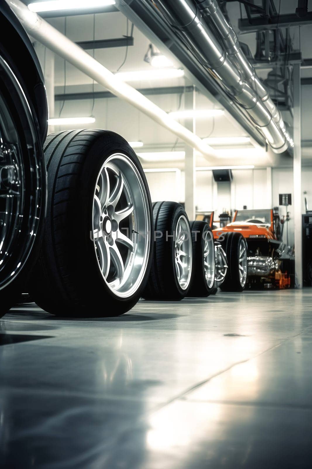 Tire workshop. A photograph in car workshop. NOT, winter or season wheel change. Puncture. Rims. Alignment.
