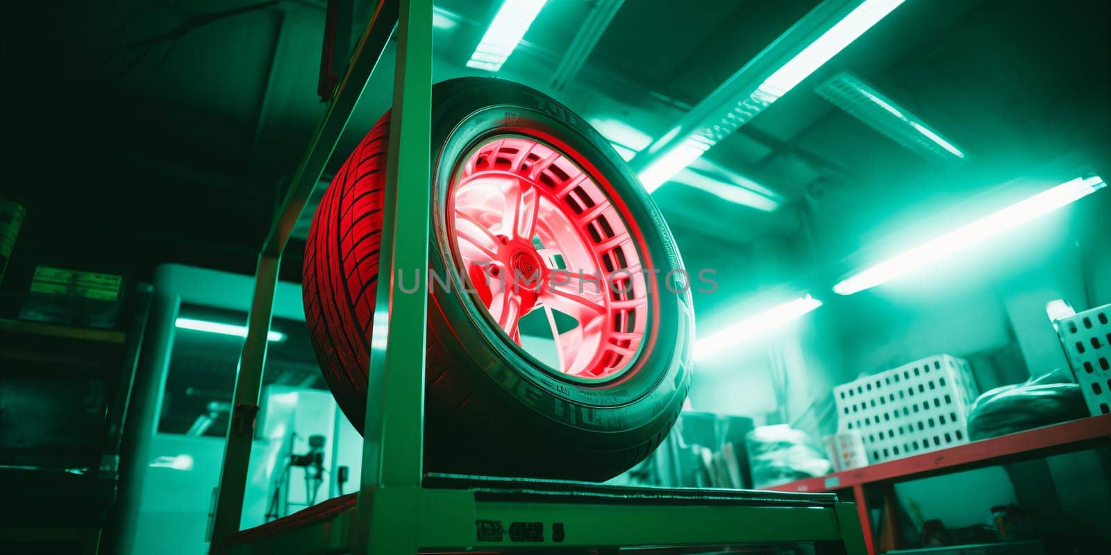 Tire workshop. A photograph in car workshop. NOT, winter or season wheel change. Puncture. Rims. Alignment. Green and red energetic color palette.