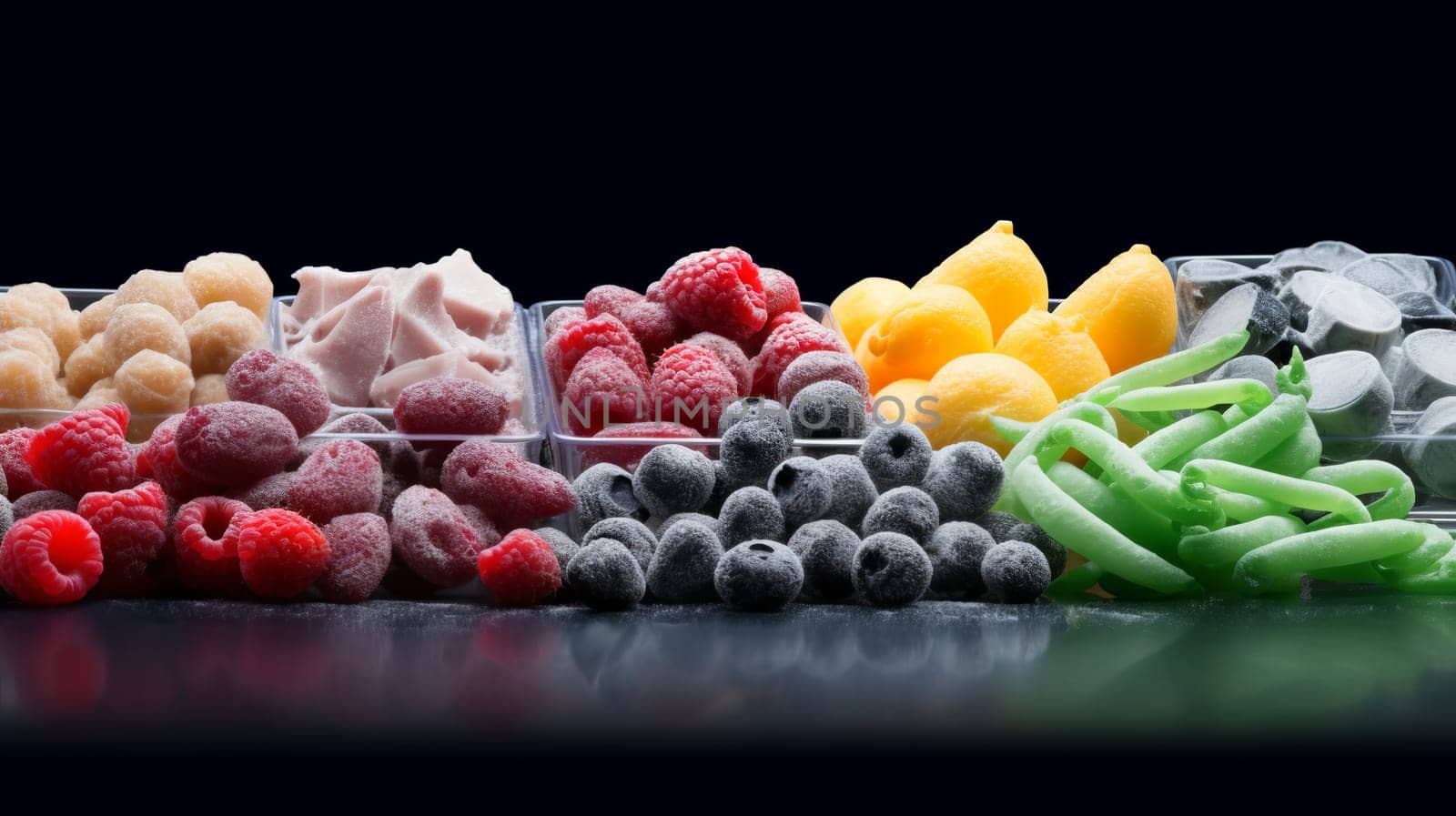 Frozen fruits blueberries pineapple berries blackberry raspberry red currant peach. Healthy and convinient fruit storage.