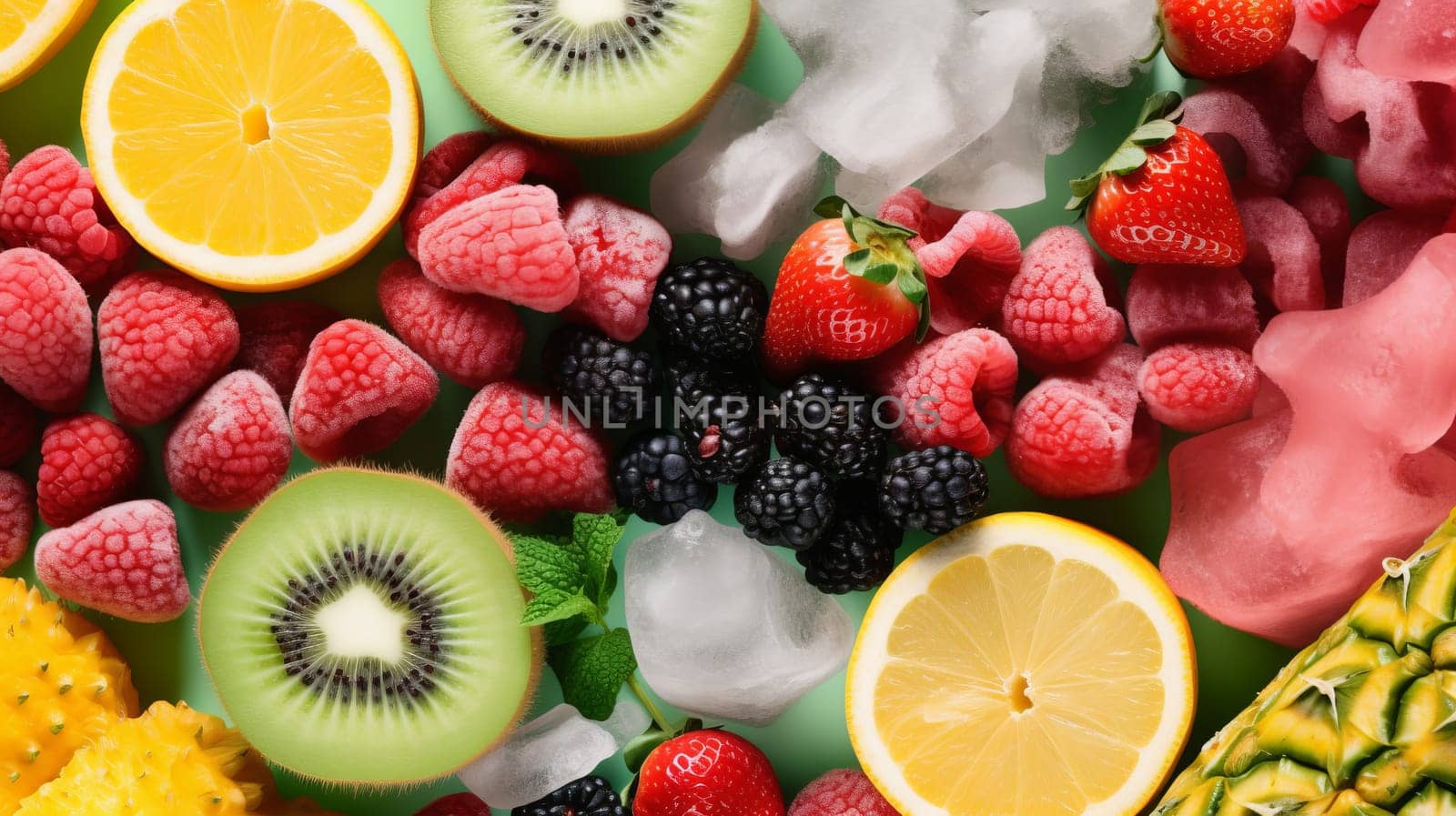 Frozen fruits blueberries pineapple berries blackberry raspberry red currant peach. Healthy and convinient fruit storage.