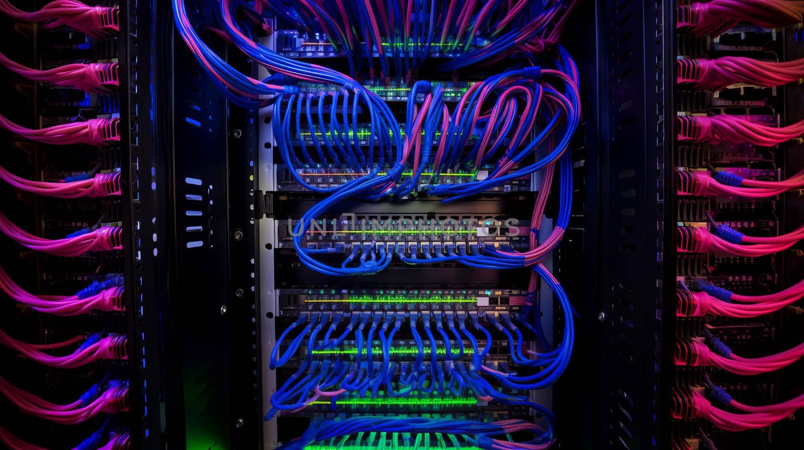 Network equipment. Server, NAS, SQL. Wires connect equipment. Network hardware. Cloud Storage. Digital cloud real estate. Equipment for system administrator. Structured cabling systems. Network switch close up. Data storage and transmission. Server router
