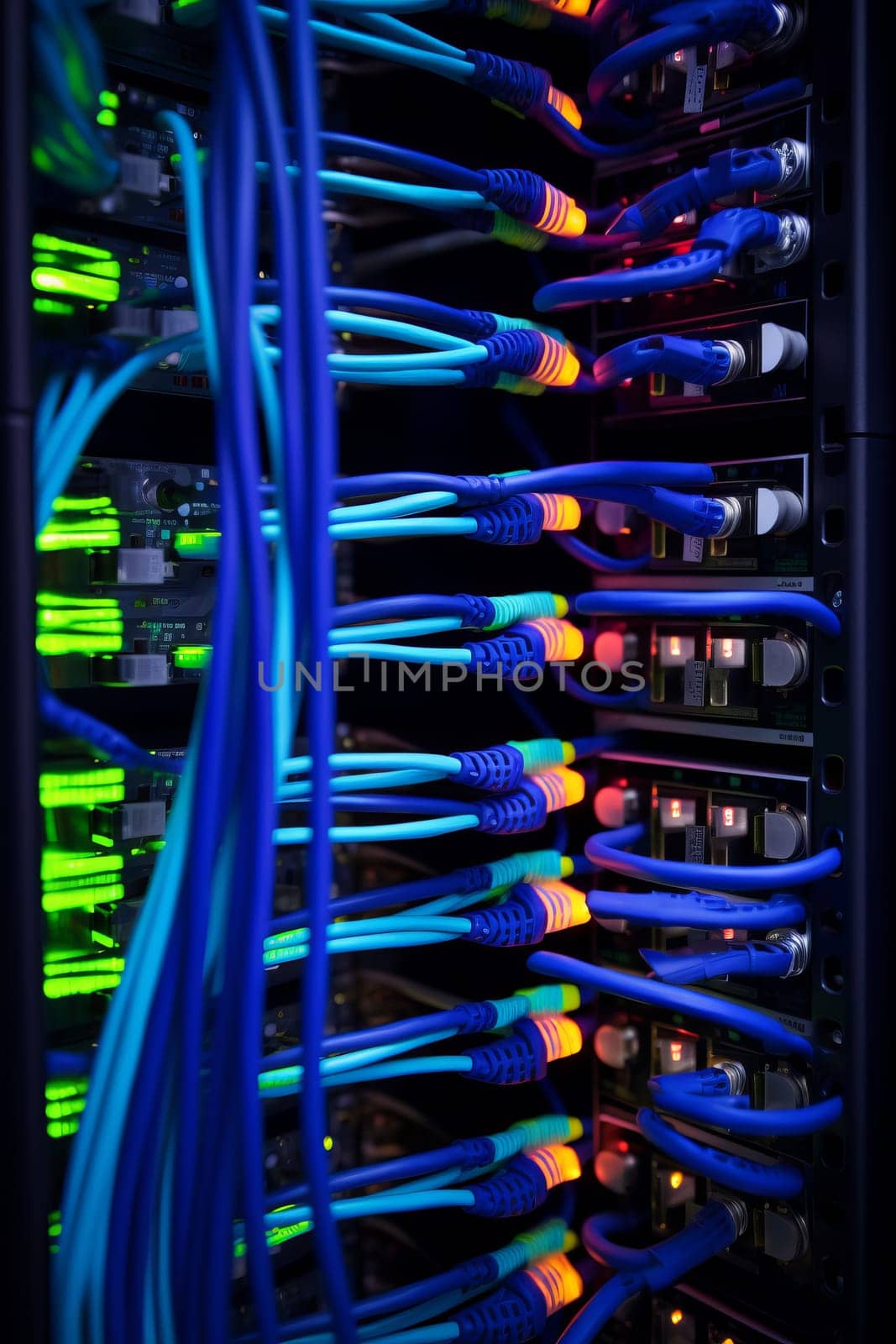 Network equipment. Server, NAS, SQL. Wires connect equipment. Network hardware. Cloud Storage. Digital cloud real estate. Equipment for system administrator. Structured cabling systems. Network switch close up. Data storage and transmission. Server router