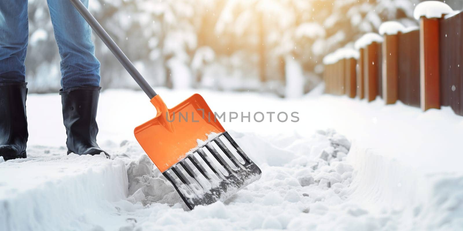 Snow shovel. Shoveling driveway and sidewalk in winter time. Sunny winter weather. Mandatory sidewalk clean. Property maitenence.
