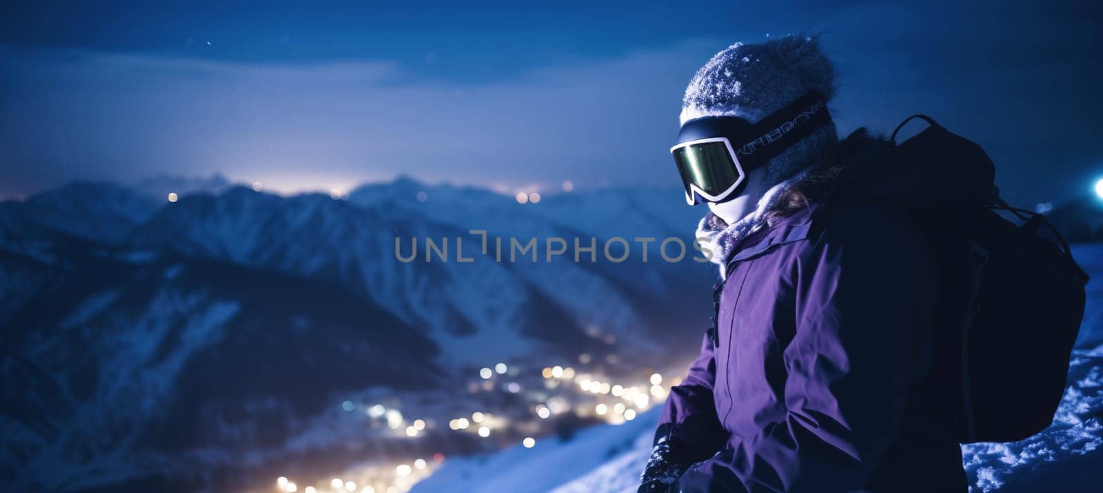 Night snowboarding. Extreme winter sports in high Austrian mountains. Purple blue and white color palette. Ad blog or social media post.