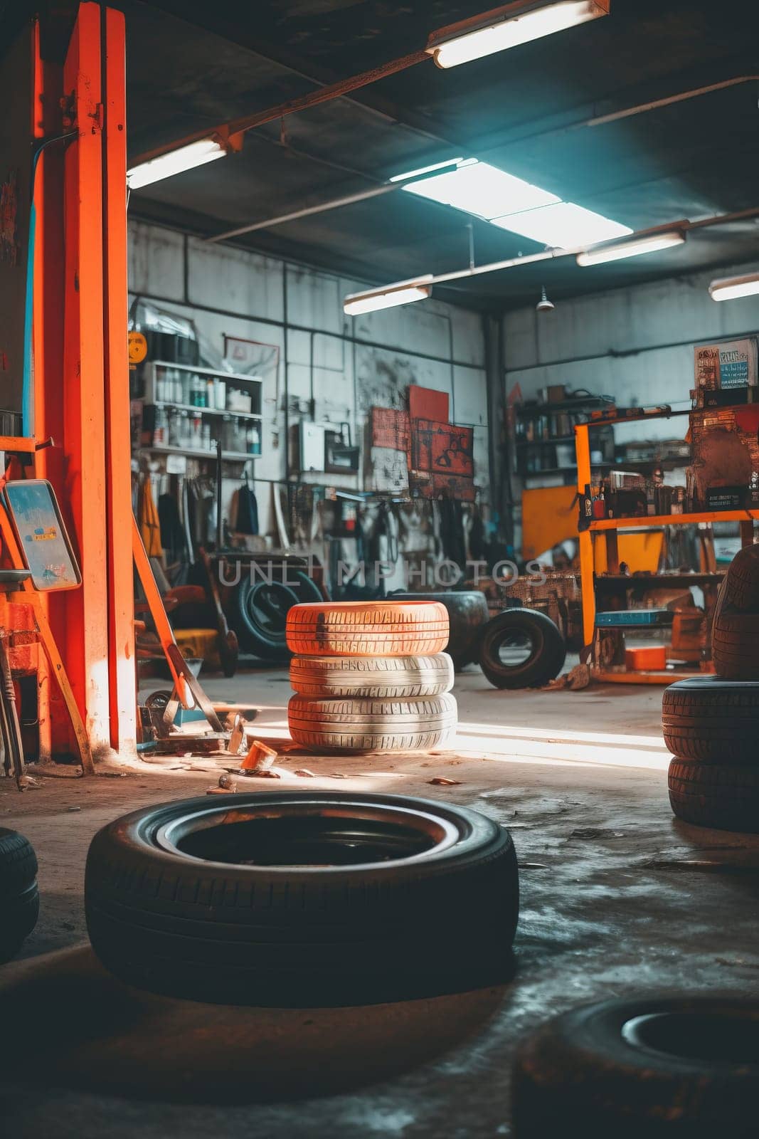 Tire workshop. A photograph in car workshop. NOT, winter or season wheel change. Puncture. Rims. Alignment. Real Life workspace.