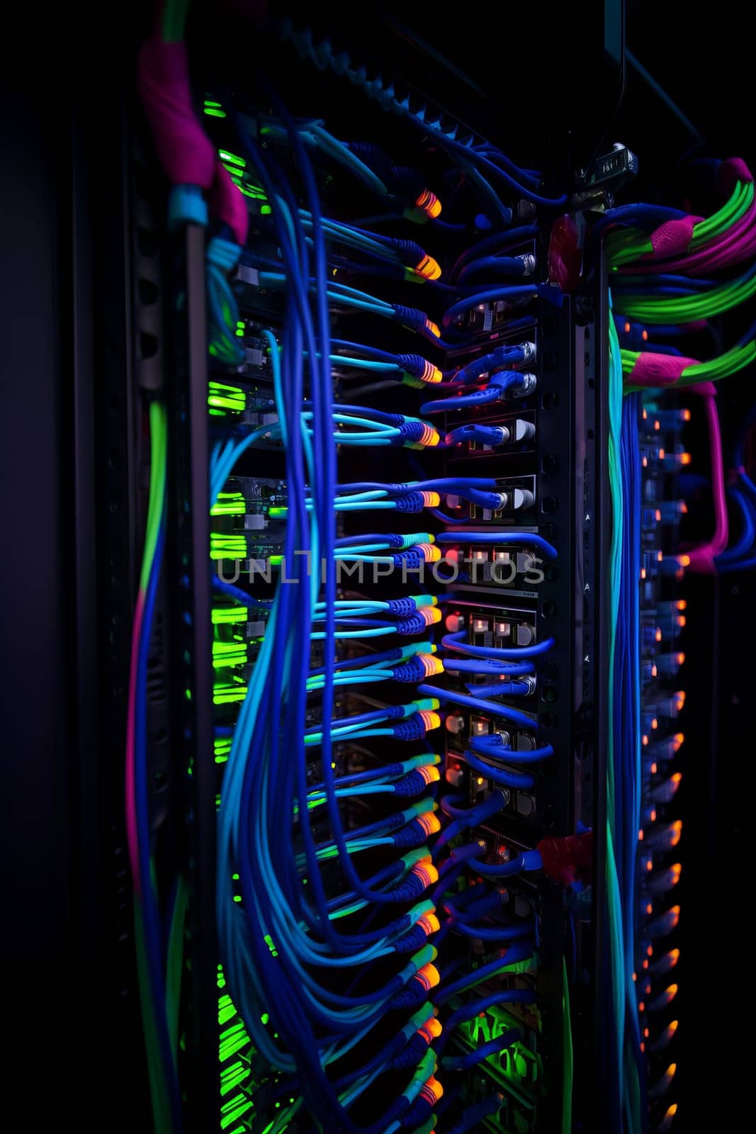 Network equipment. Server, NAS, SQL. Wires connect equipment. Network hardware. Cloud Storage. Digital cloud real estate. Equipment for system administrator. Structured cabling systems. Network switch close up. Data storage and transmission. Server router