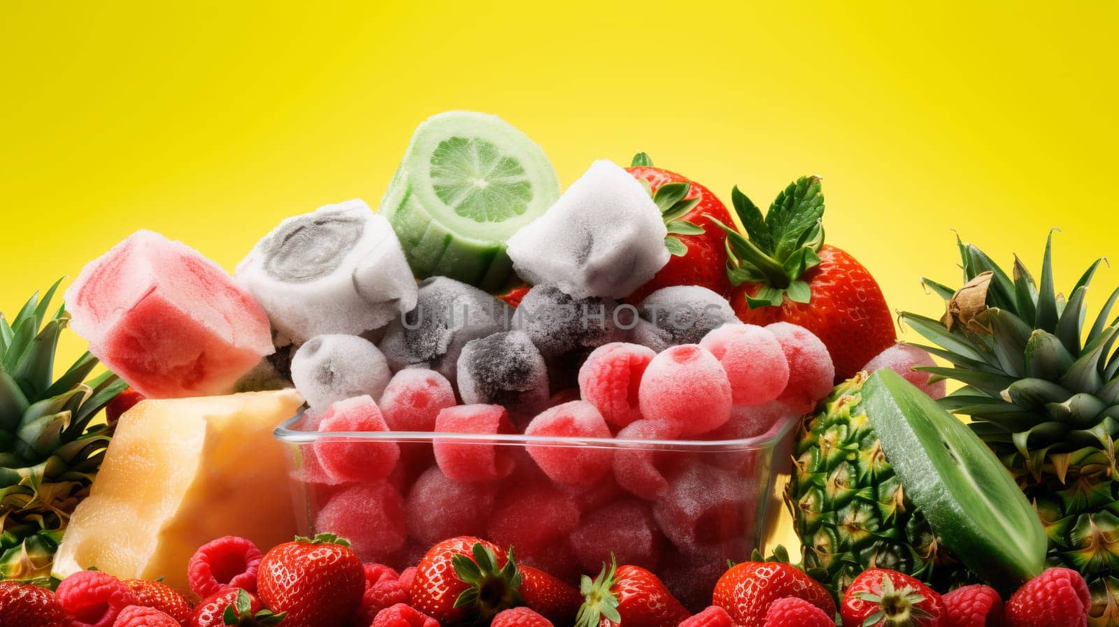Frozen fruits blueberries pineapple berries blackberry raspberry red currant peach. Healthy and convinient fruit storage. Yellow Bakcground with copy space.