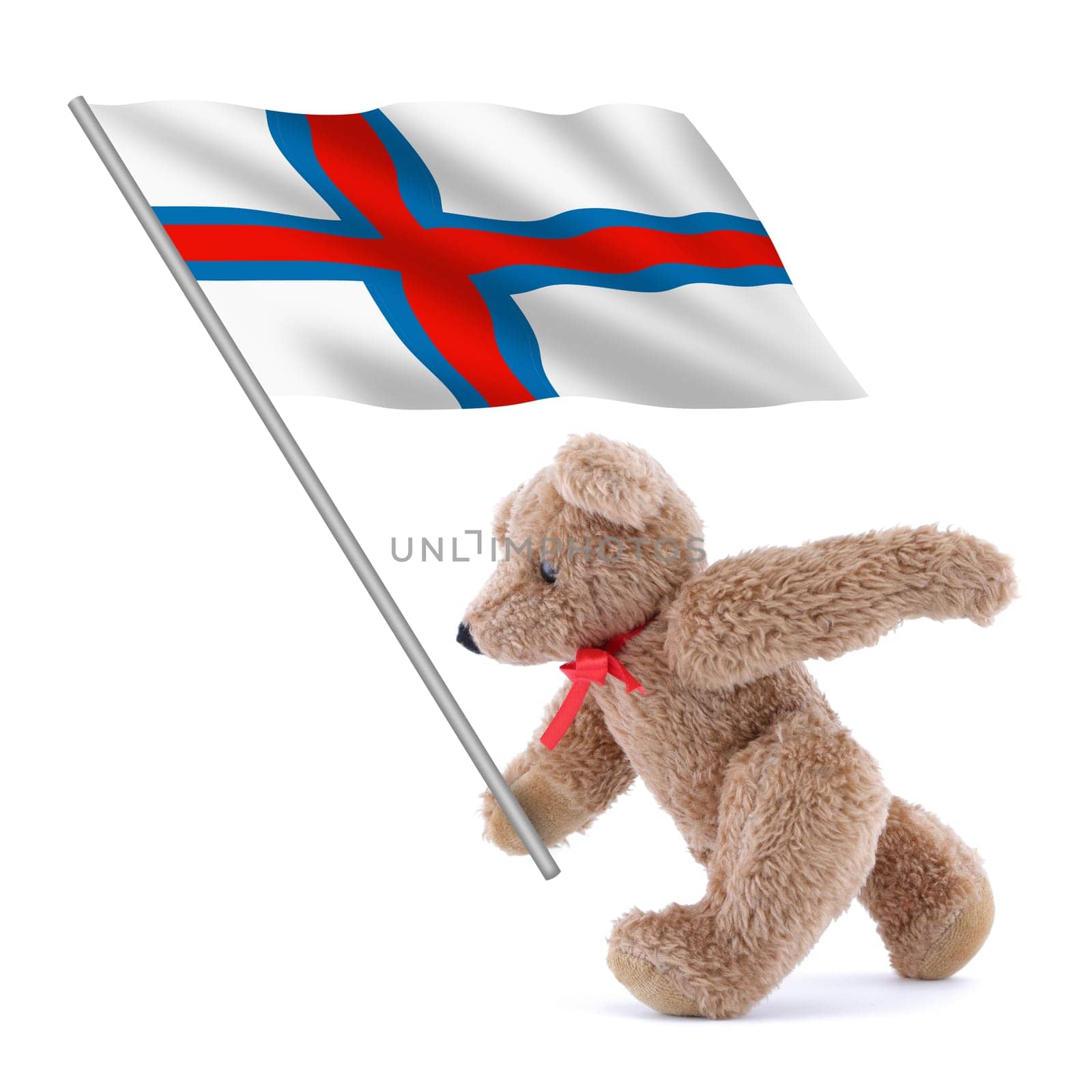 A Faroe Islands flag being carried by a cute teddy bear