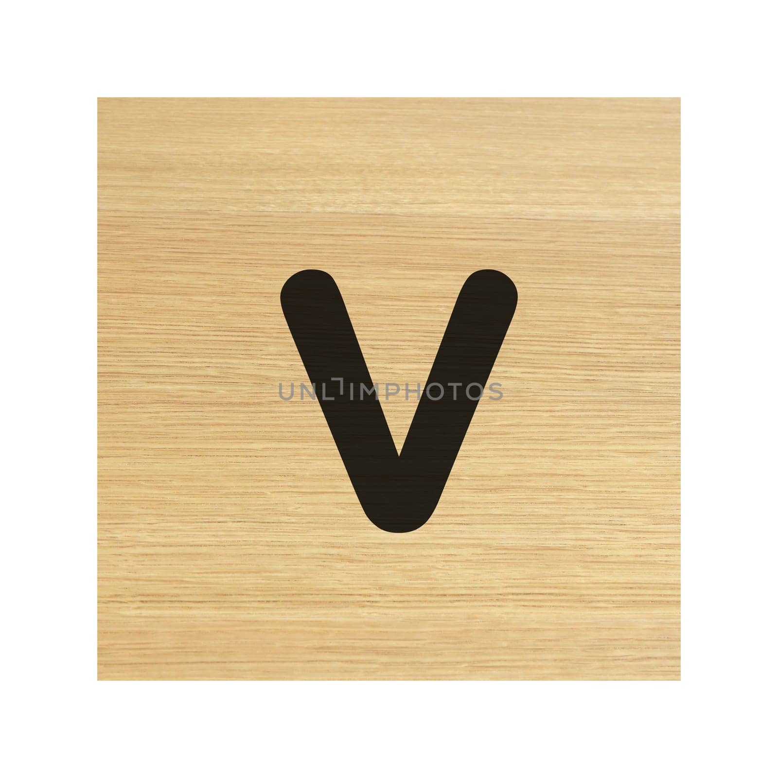 A lower case v wood block on white with clipping path