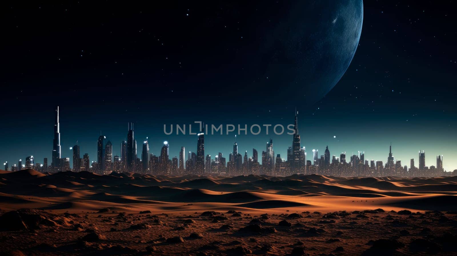 A desert at night with a modern city skyline visible at the horizon, night time with a full moon. AI generated