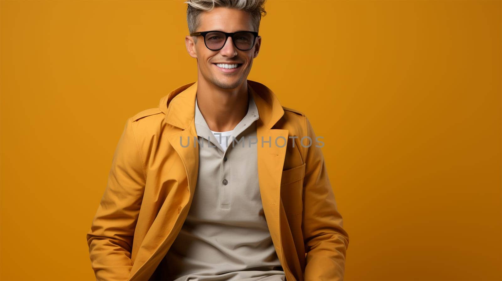 portrait of a stylish male model wearing glasses and yellow clothes on a color background. poster, advertisement. copy space.Generative AI