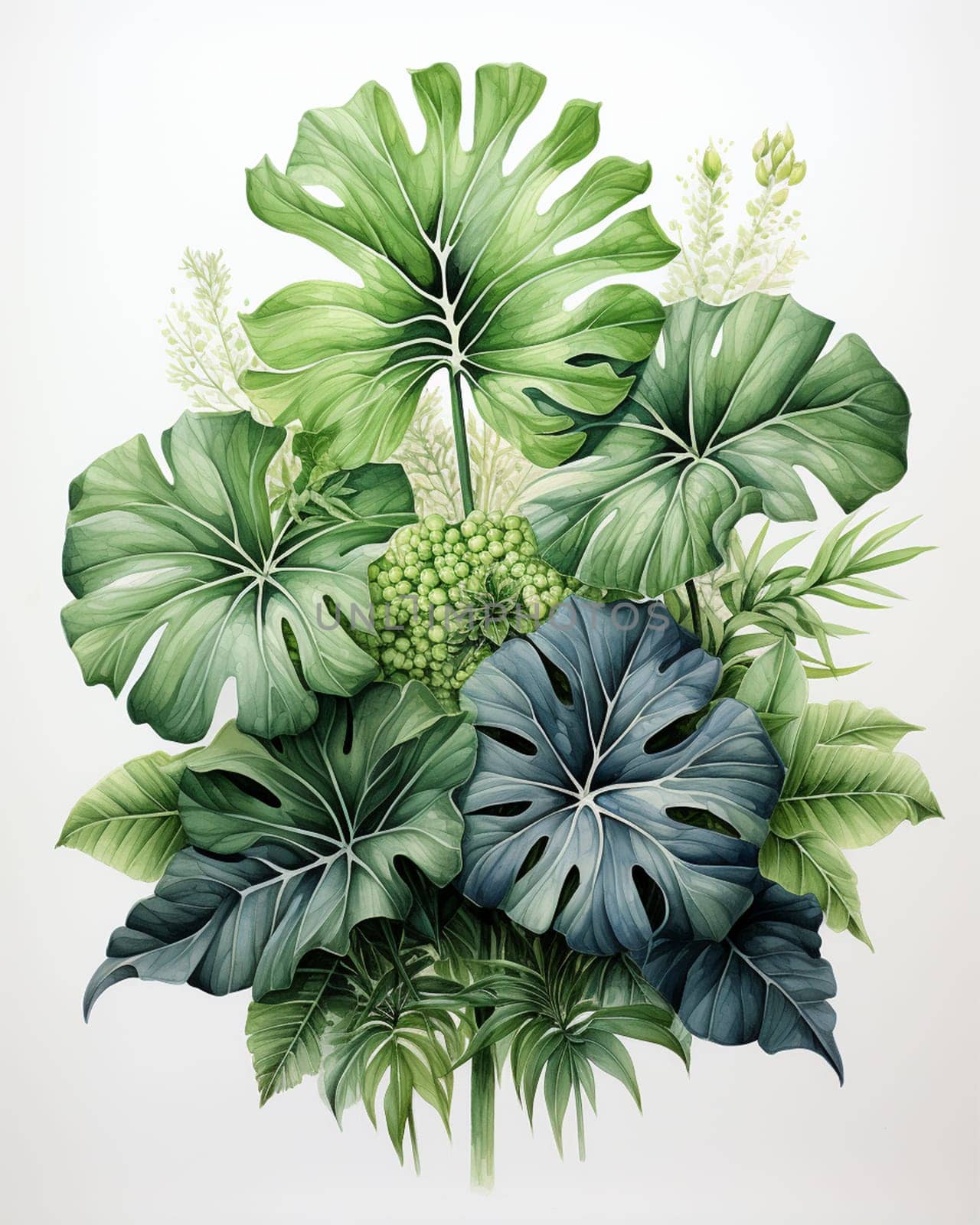illustration of tropical plant leaves in watercolor style