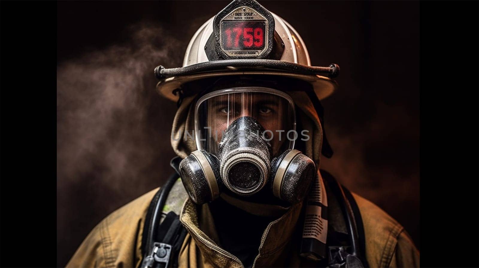 close-up of a rescue worker or firefighter wearing a mask, helmet and protective suit.