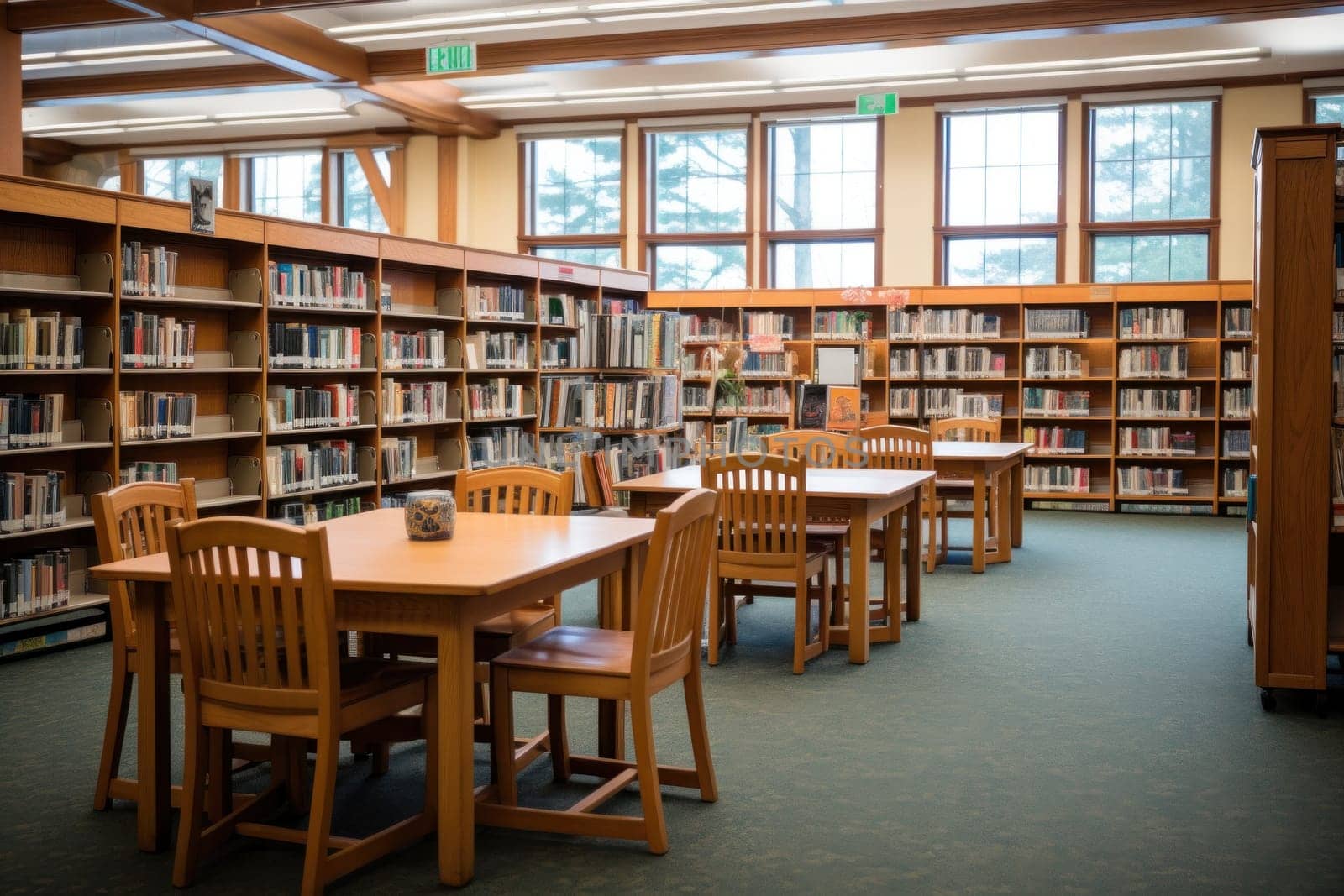 Empty college library with tables and chairs and many books on the bookshelves. Modern, bright and spacious building.