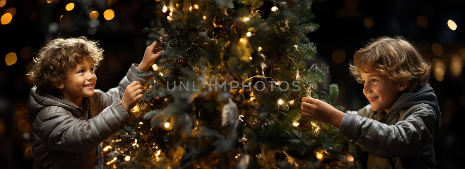 Portrait of happy Boys collecting decorations for the Christmas tree in the courtyard of the house, banner. Christmas and New Year concept