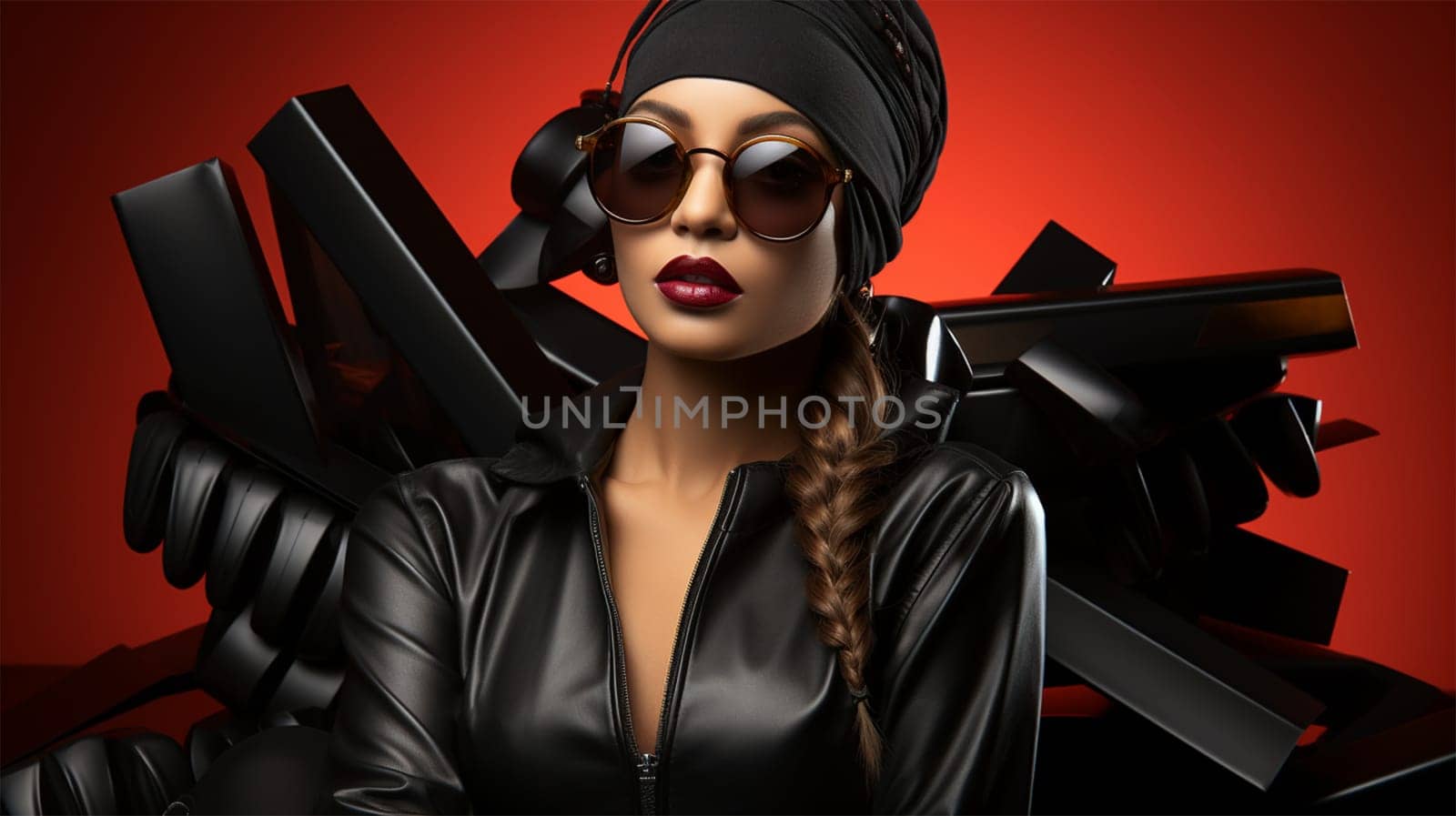 Young beautiful slim woman wearing sunglasses and a leather jacket. Woman posing on a red background. Advertising of fashionable women's clothing and accessories.