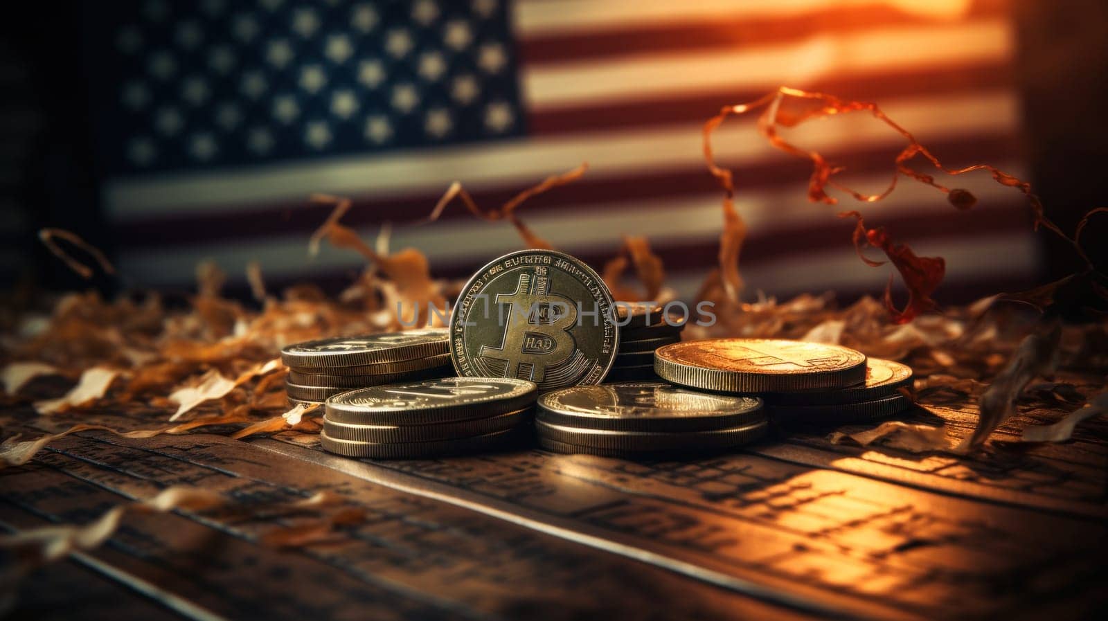 Bitcoin in a stack of cryptocurrencies with the US flag in the background. Cryptocurrency coin is golden and in focus