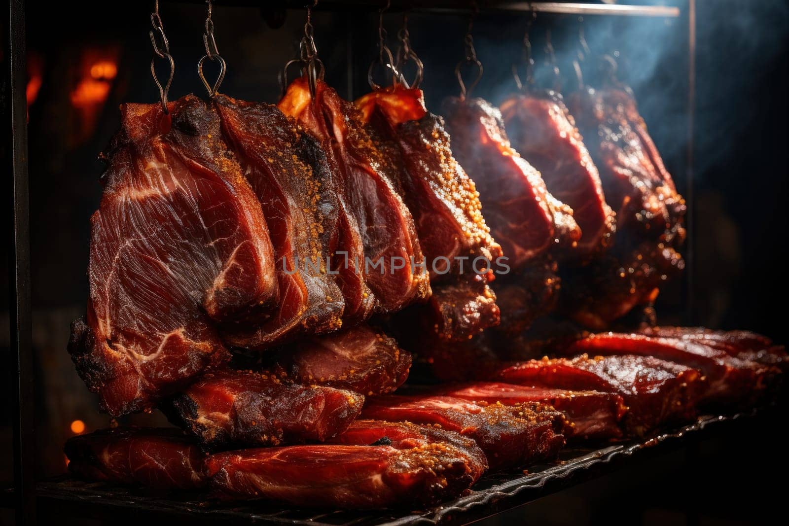 Large pieces of juicy meat in spices hang in rows in the smokehouse.