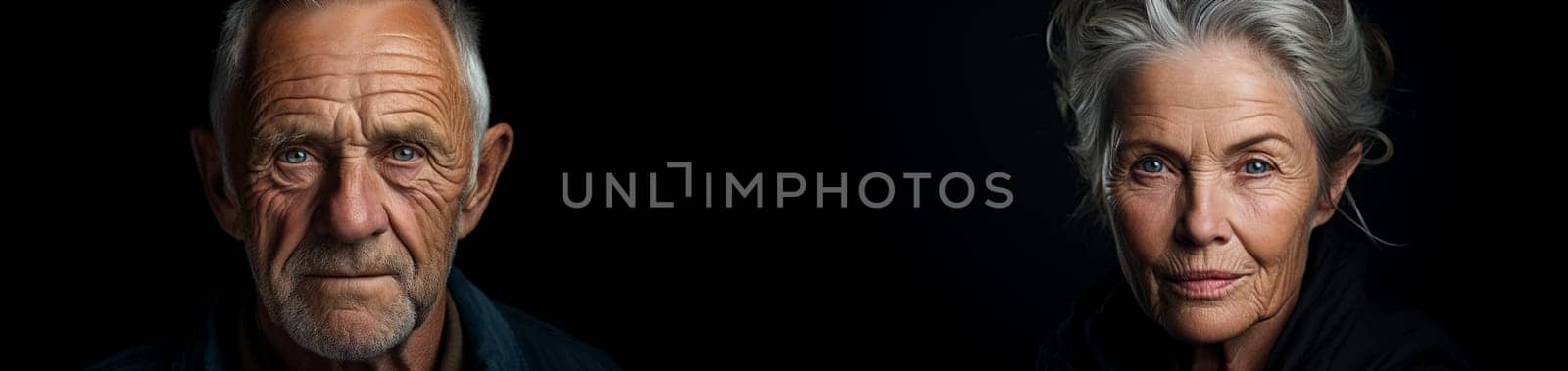 close-up portrait of a gray bearded man and a gray-haired woman with deep wrinkles on a black background. banner, free space for text.