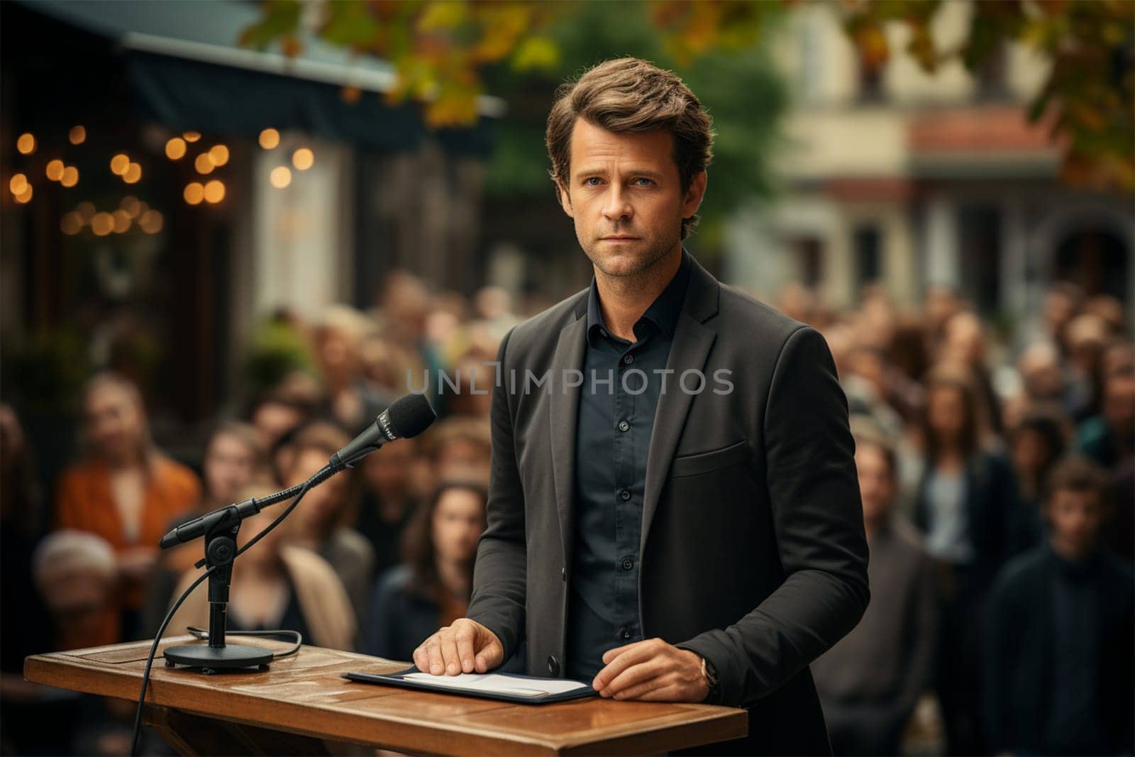 politician addressing a large audience, speaker in front of a crowd, meeting and seminar concept, copy space.