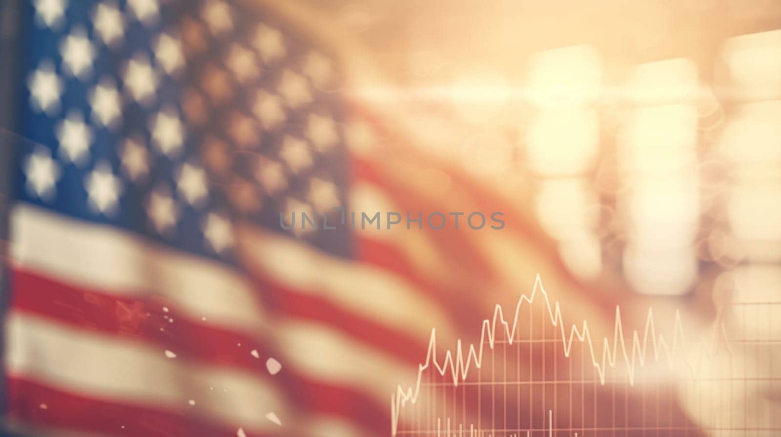 Abstract hologram of virtual financial chart on USA flag, financial, economic and investment concept. Multiple exposure