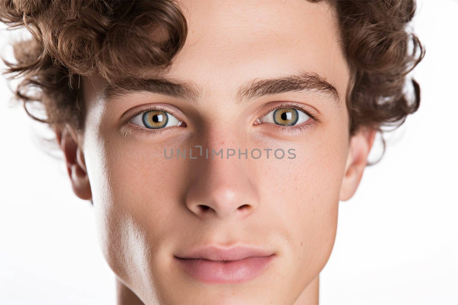 Close up portrait of a handsome young brunette man with clear skin and curly hair on a white background.salon and beauty concept