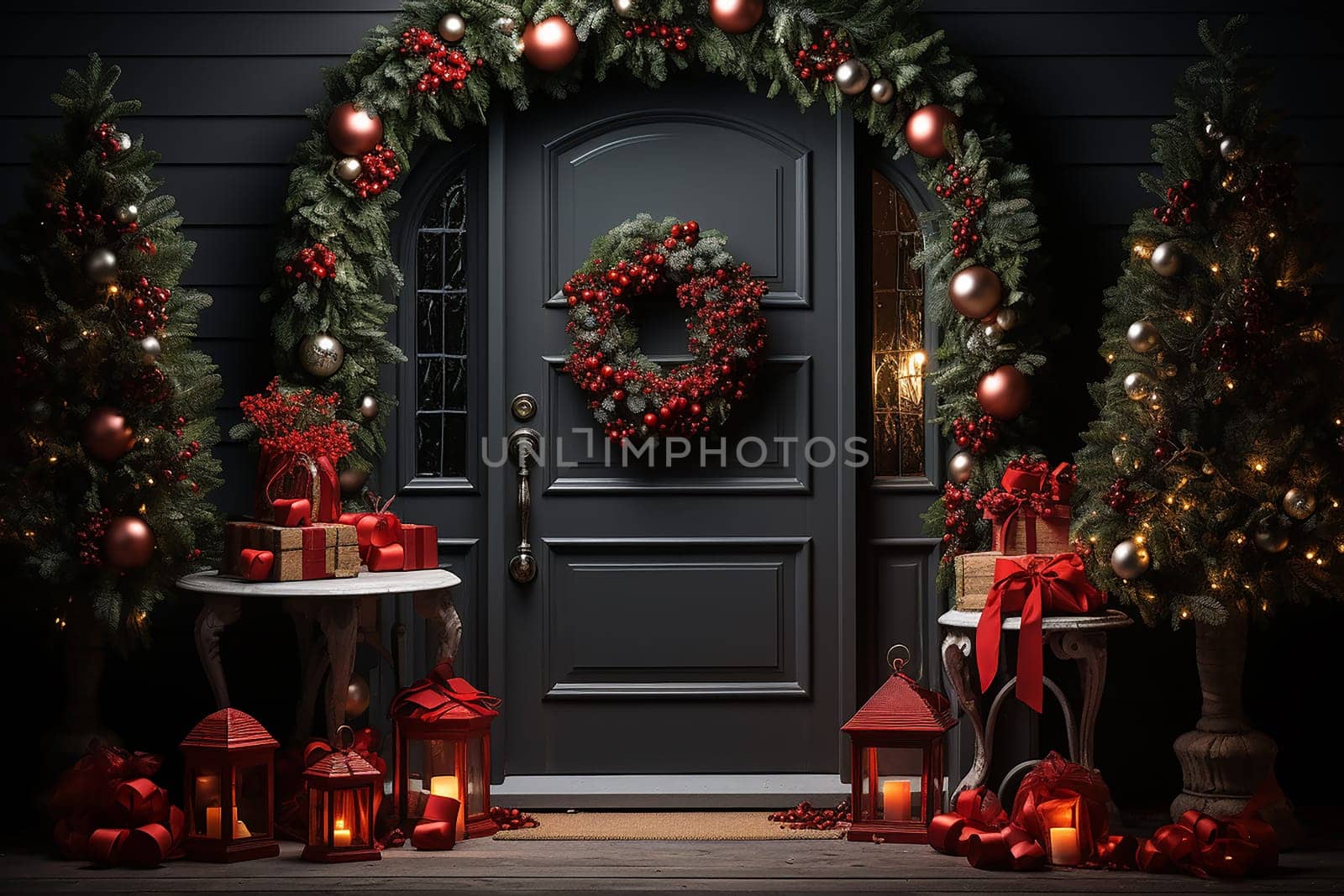 New Year door background concept in Christmas decoration.Christmas door decoration with beautiful traditional wreath. Christmas celebration, home decoration, family holiday