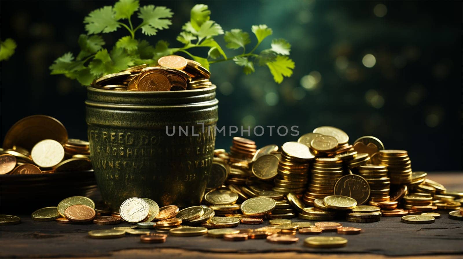 St.Patrick 's Day. Barrel with coins and clover and a pile of gold coins .