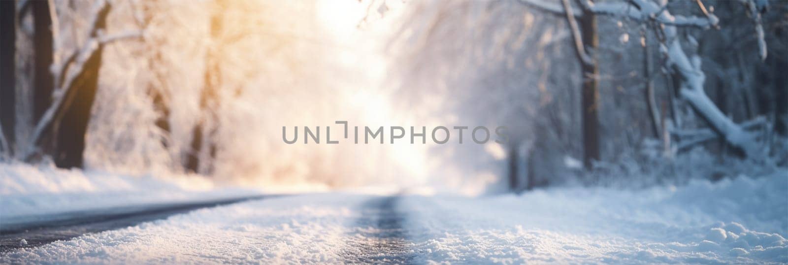 Road in the snow between snow-covered parts of the forest. banner, free space for text