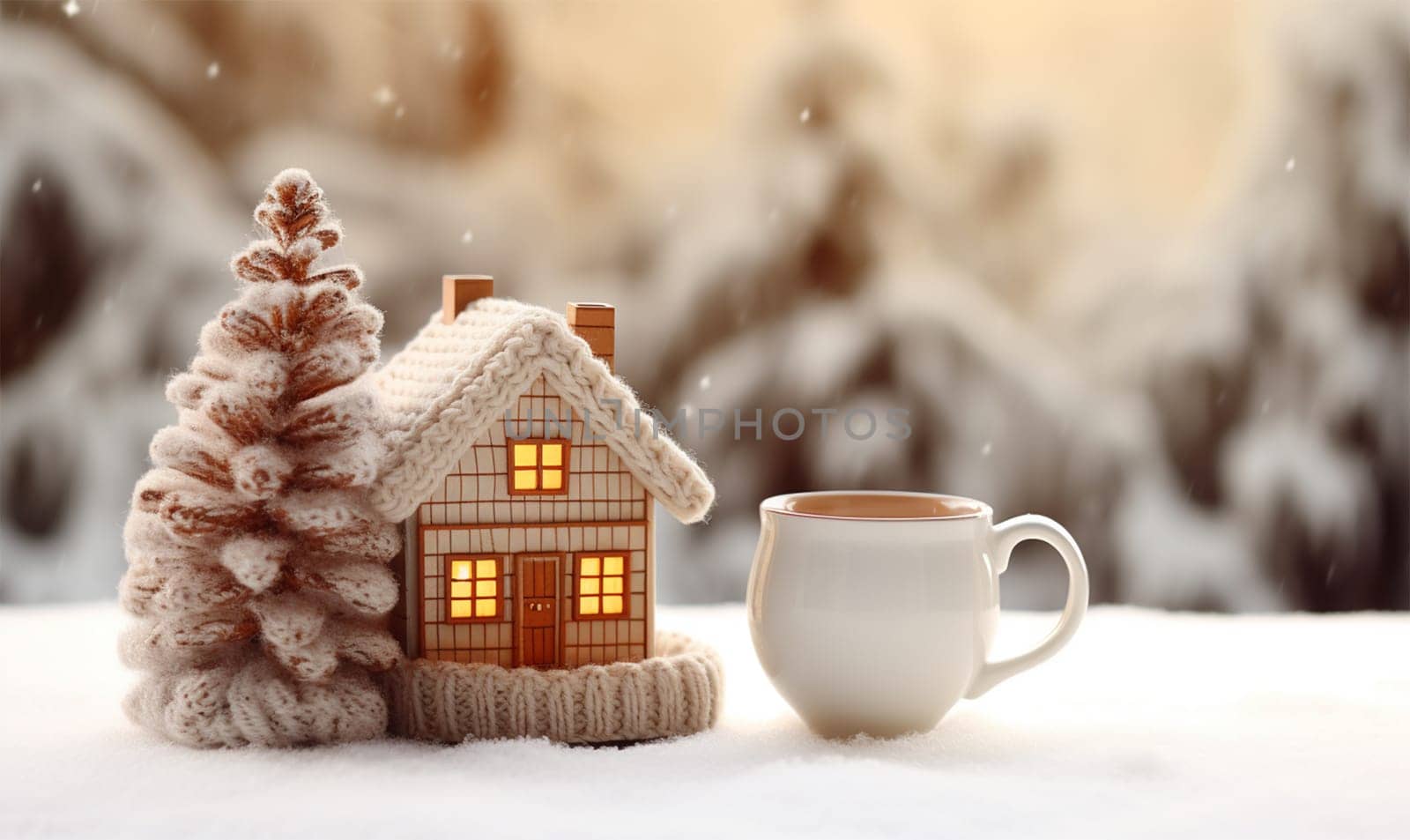 house with a knitted roof and a scarf in the snow on a Christmas winter background. heating system concept and cold snowy weather