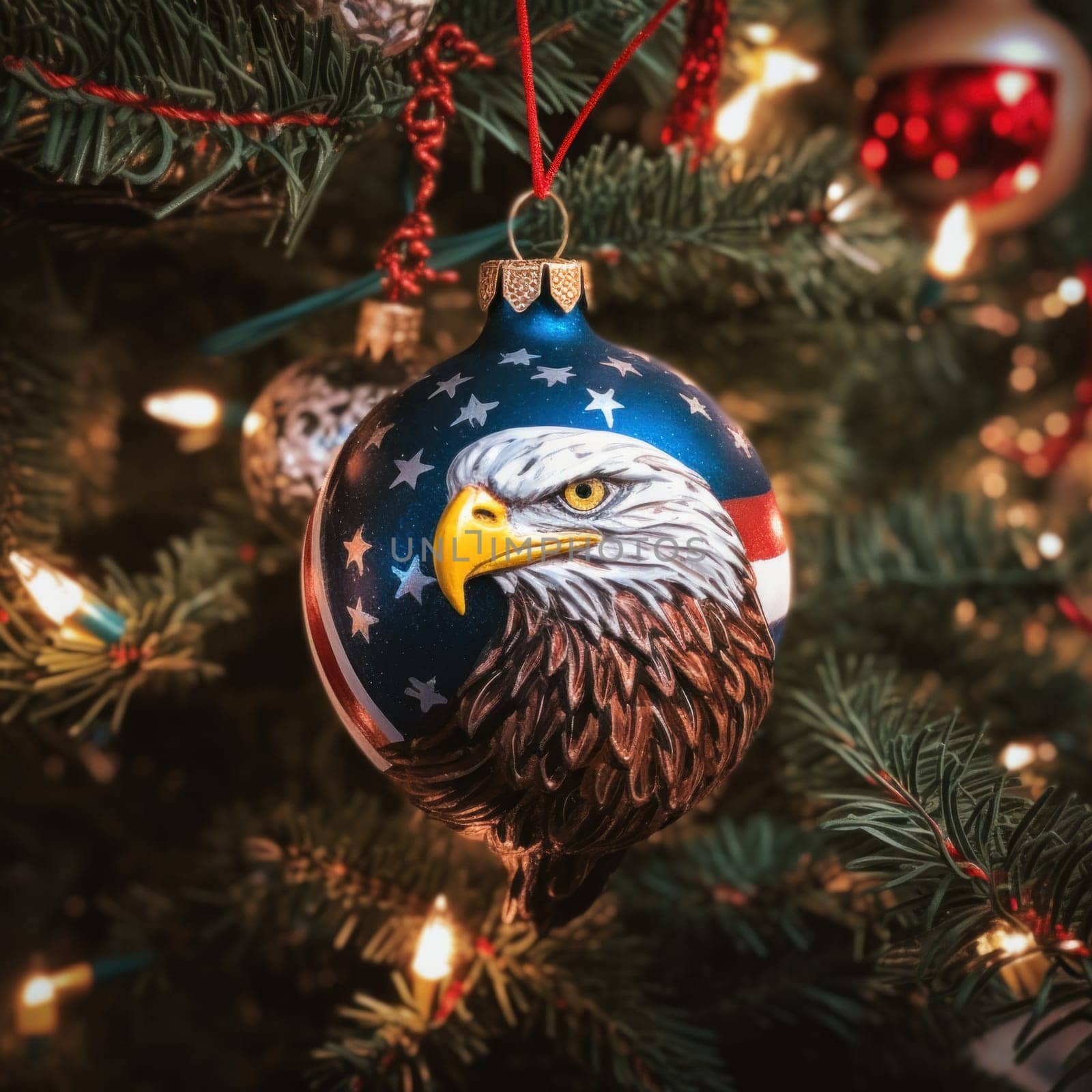 Christmas tree decoration Ball on a Christmas tree with an American-themed pattern on the background of a green Christmas tree. Holiday, Christmas, New Year, toys.
