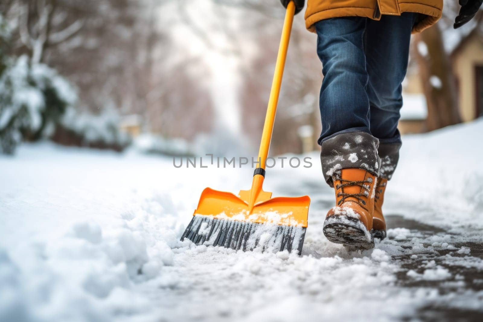 close-up of a man with a snow shovel clearing his driveway on a cold winter day.