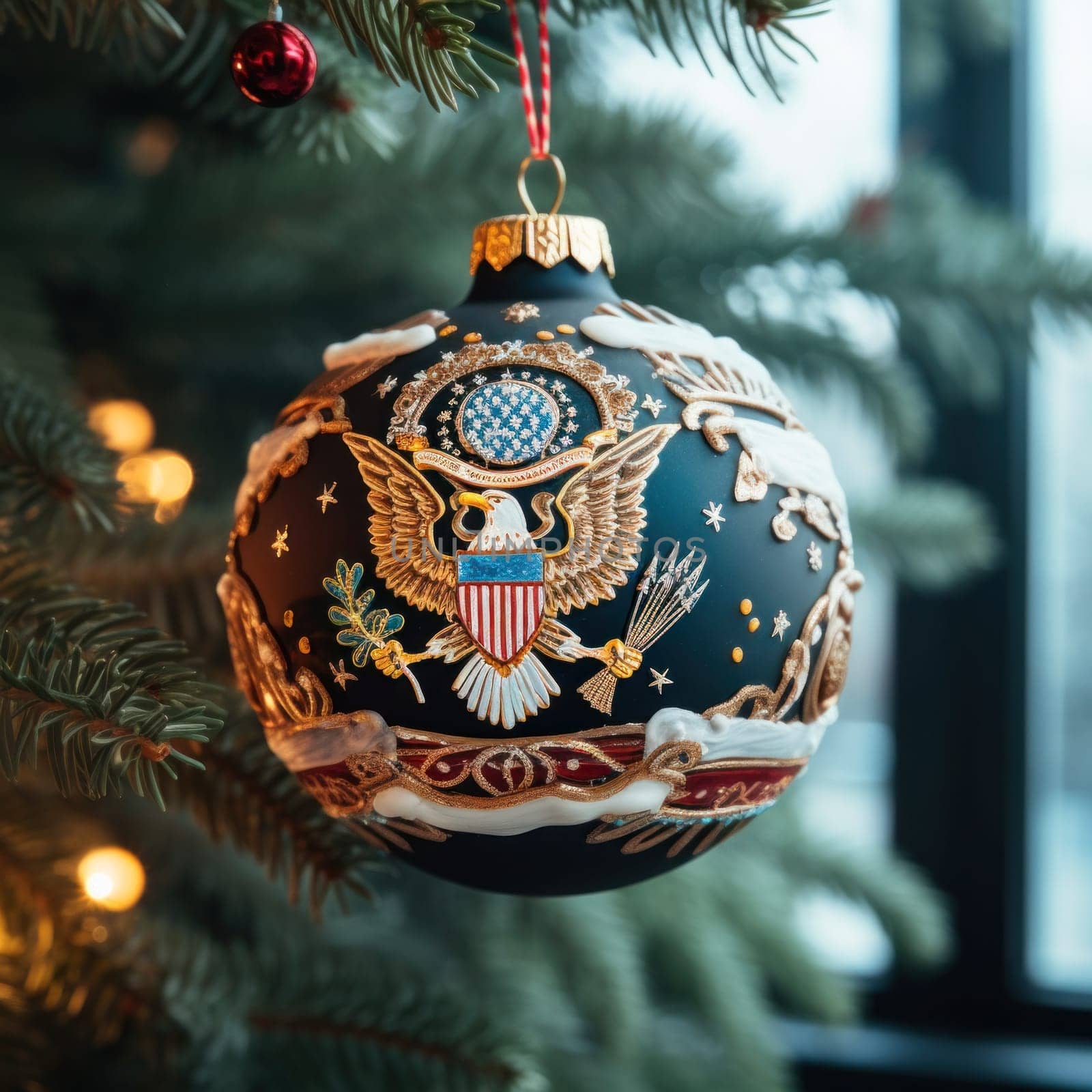 Christmas tree decoration Ball on a Christmas tree with an American-themed pattern on the background of a green Christmas tree. Holiday, Christmas, New Year, toys.