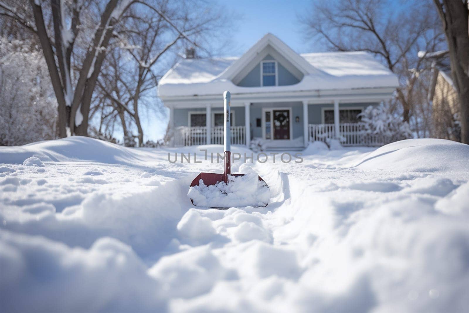 Shovel for removing snow from a path near a house