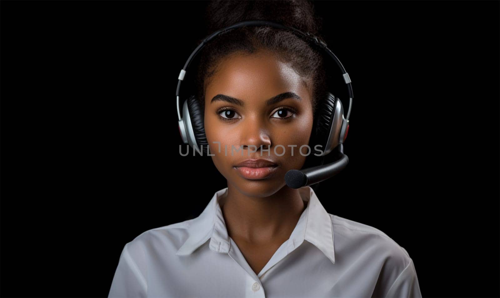 a young African American woman in headphones is a call center operator. Telephone support and assistance concept, telephone assistant