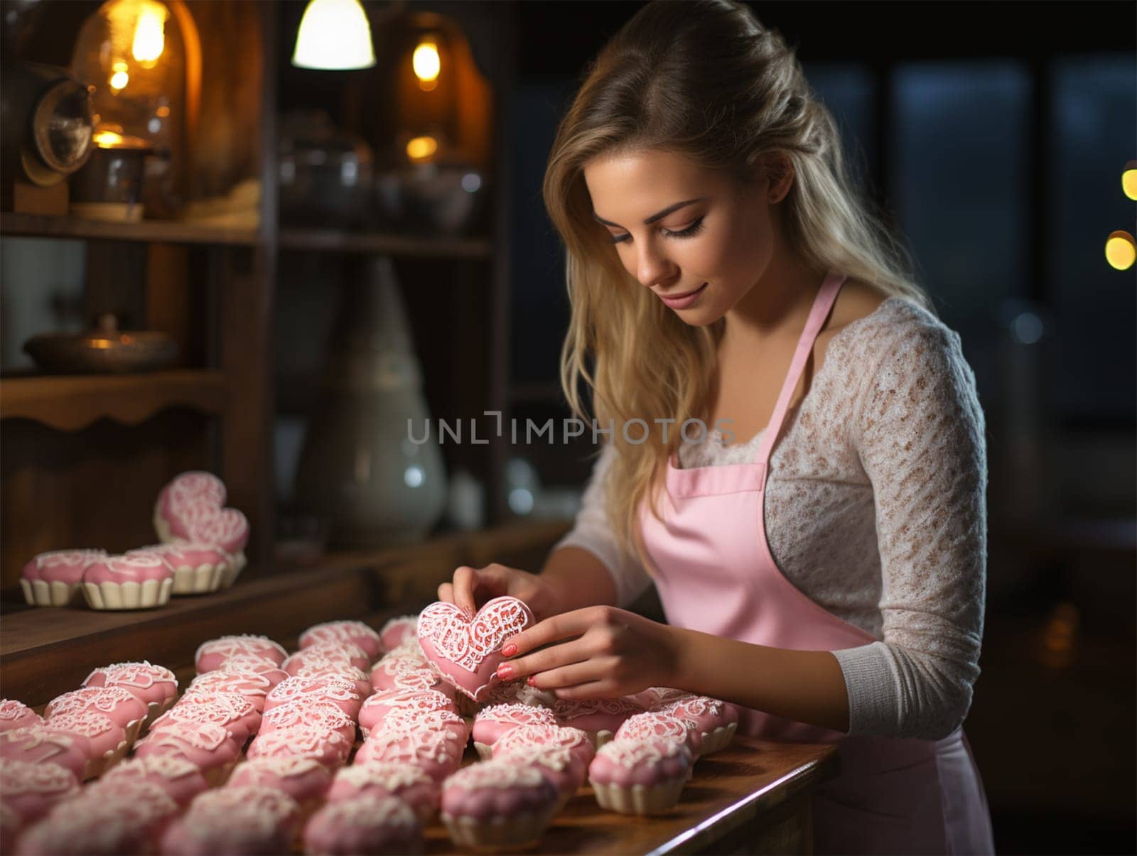 young girl bakes heart-shaped gingerbread cookies with Valentine's Day frosting.